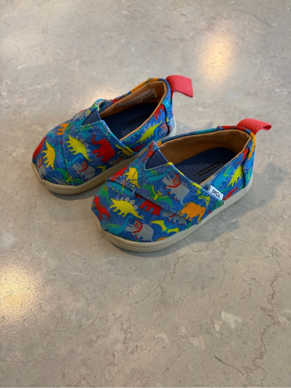 Toms Kids Blue Dinosaur Canvas Slip-Ons with Red Tabs